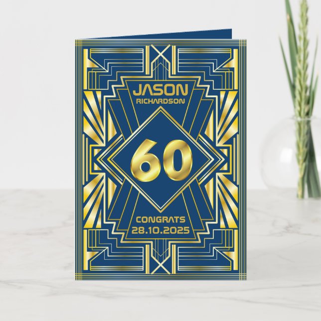 60th Birthday Art Deco Gold Blue Great Gatsby Card (Front)