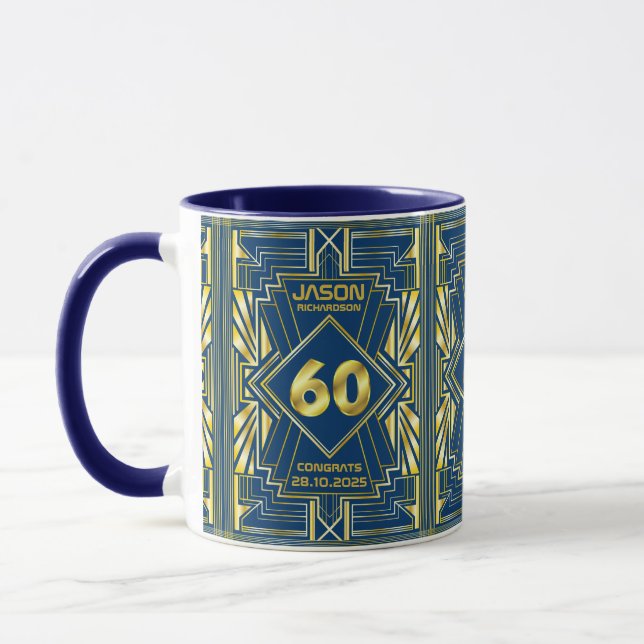 60th Birthday Art Deco Gold Blue Great Gatsby Mug (Left)