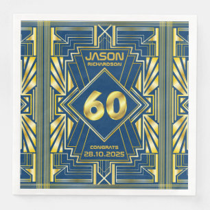 60th Birthday Art Deco Gold Blue Great Gatsby Napkin