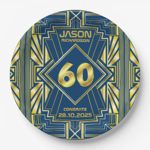 60th Birthday Art Deco Gold Blue Great Gatsby Paper Plate