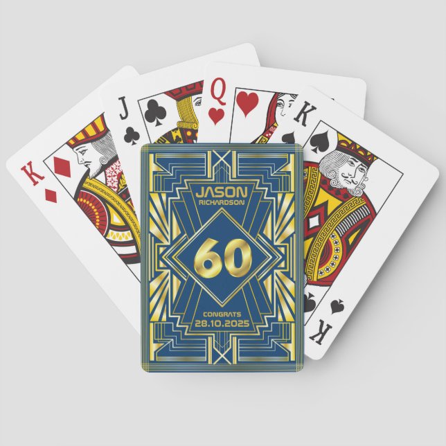 60th Birthday Art Deco Gold Blue Great Gatsby Playing Cards (Back)