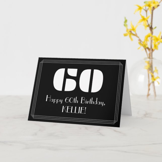 60th Birthday: Art Deco Inspired Look "60" & Name Card (Yellow Flower)