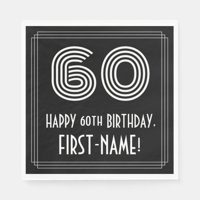 60th Birthday: Art Deco Inspired Look "60" + Name Napkin (Front)