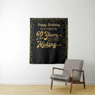 60th Birthday Backdrop Black Gold Confetti Tapestry