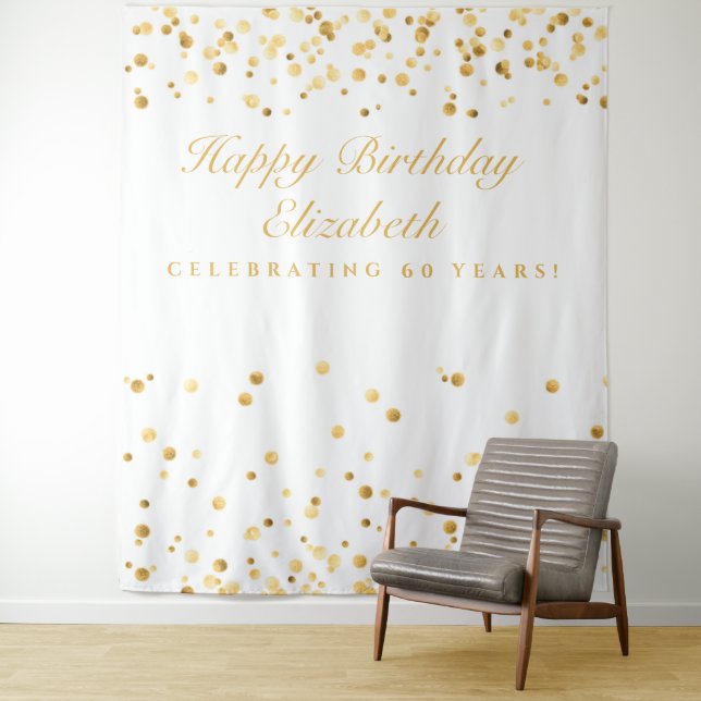 60Th Birthday Backdrop, White And Gold Photobooth Tapestry (In Situ)
