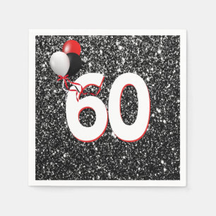 60th Birthday Balloons on Black Glitter Napkins