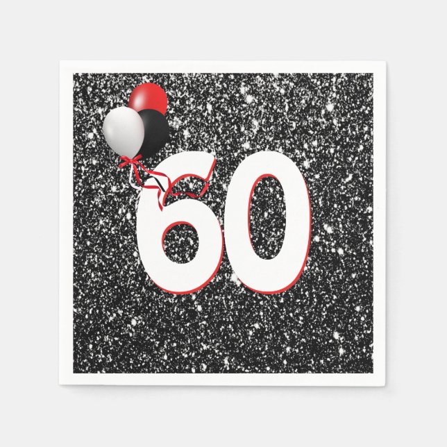 60th Birthday Balloons on Black Glitter Napkins (Front)
