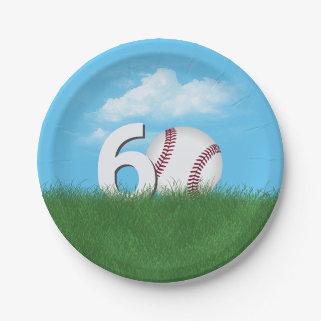 60th Birthday Baseball In Green Grass Paper Plate (Front)