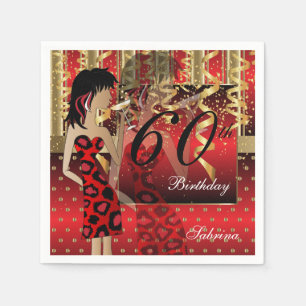 60th Birthday Bash Girl Party in Red and Gold Napkin
