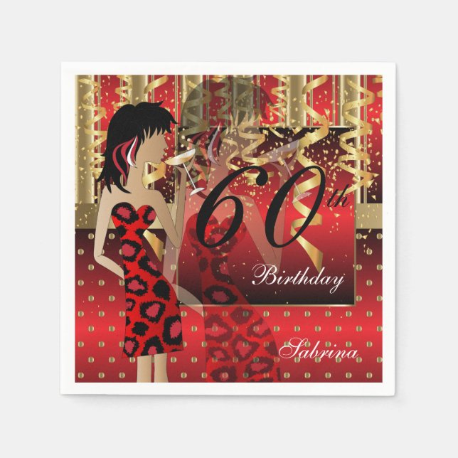60th Birthday Bash Girl Party in Red and Gold Napkin (Front)
