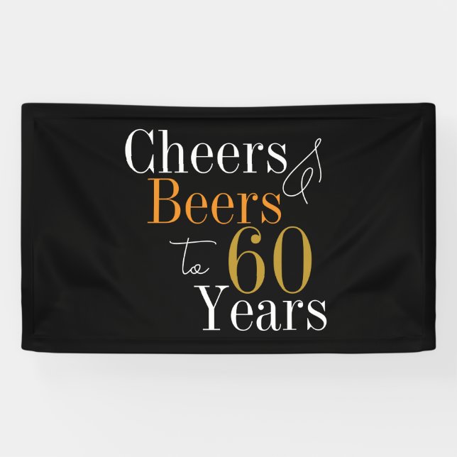 60th Birthday Beers and Cheers Black Gold Party Banner (Horizontal)