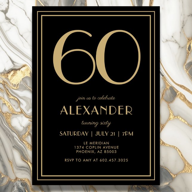 60th Birthday Black and Gold Modern Minimal Adult Invitation (Elegant black and gold 30th birthday invitation design for him or her.)
