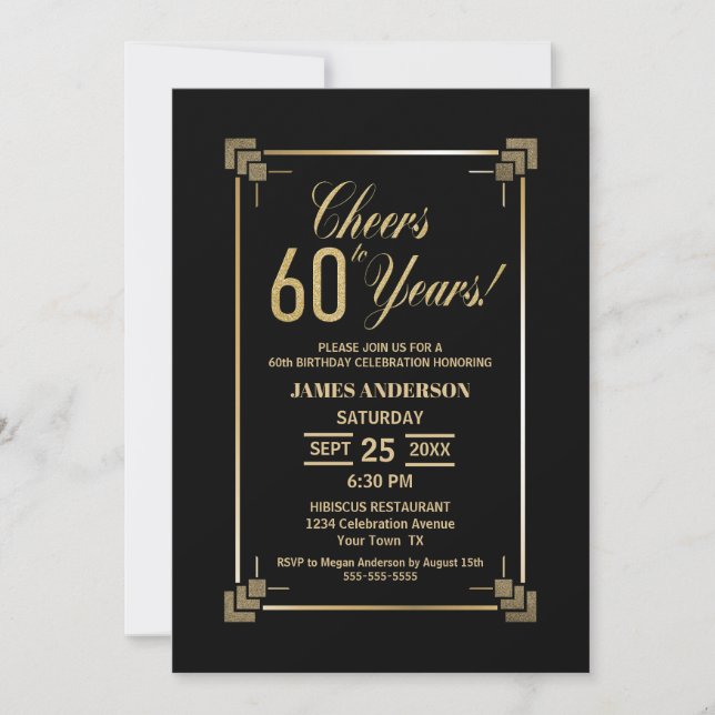 60th Birthday Black and Gold Party Invitation (Front)