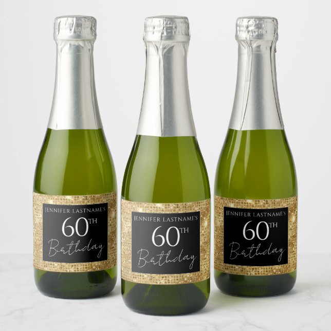 60th Birthday Black and Gold Shimmer Sparkling Wine Label (Bottles)
