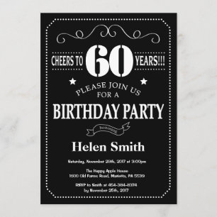 60th Birthday Black and White Chalkboard Invitation