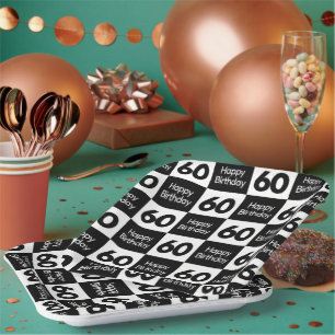 60th Birthday Black and White Chequerboard Design Paper Plate