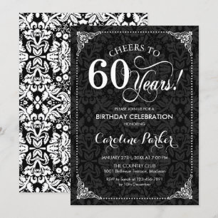 60th Birthday - Black and White Damask Invitation