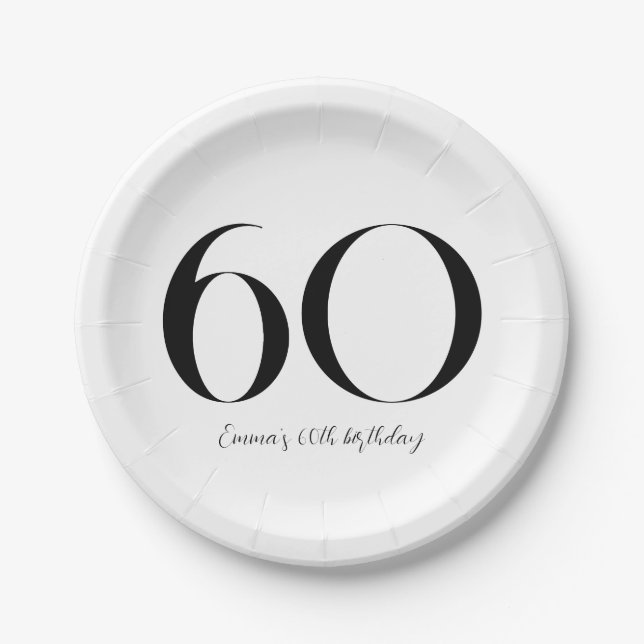 60th Birthday Black and White Paper Plate (Front)