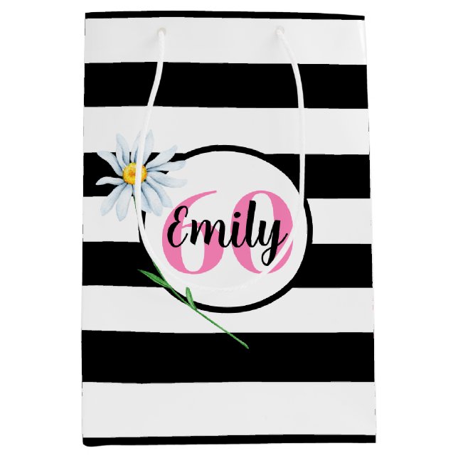 60th Birthday Black And White Stripes Medium Gift Bag (Front)