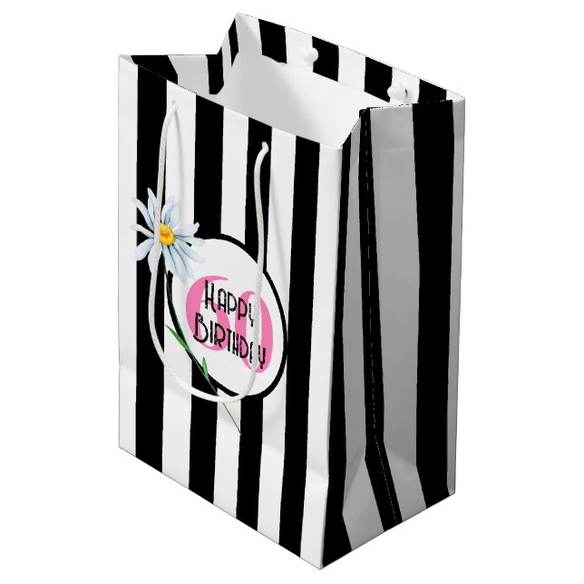 60th Birthday Black And White Stripes Medium Gift Bag (Front Angled)