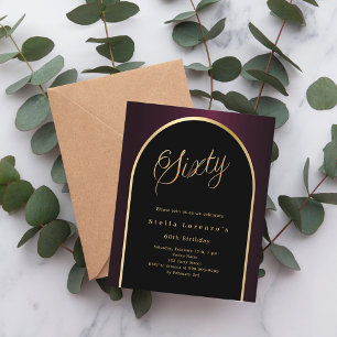 60th birthday black burgundy gold arch invitation