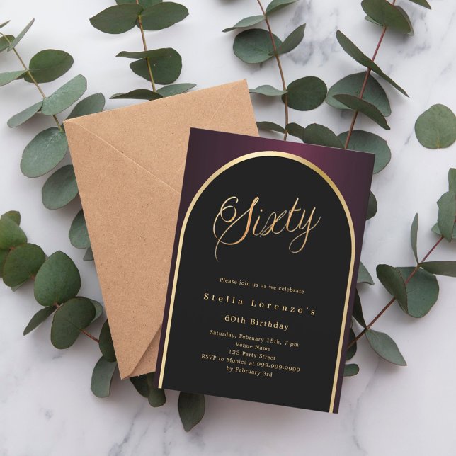 60th birthday black burgundy gold arch script invitation (Creator Uploaded)