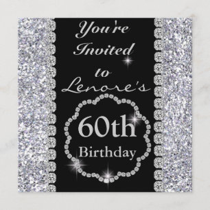 60th  Birthday  Black & CRYSTALS Silver Invitation