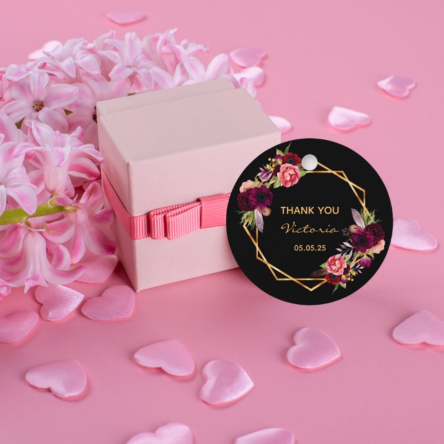 60th birthday black floral gold geo burgundy name favour tags (Creator Uploaded)