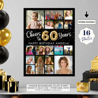60th Birthday Black Gold 16 Photo Cheers to Years Poster