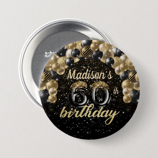 60th Birthday Black Gold Balloon Glitter Button (Front & Back)