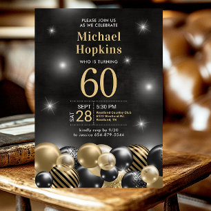 60th Birthday Black Gold Balloons Invitation