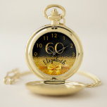 60th birthday black gold bow name elegant pocket watch<br><div class="desc">Elegant, classic, glamourous and feminine. A faux gold coloured bow and ribbon with golden glitter and sparkle, a bit of bling and luxury for a birthday gift or keepsake. Black background. Templates for her name, and the age 60. The name is written with a modern hand lettered style script. Golden...</div>
