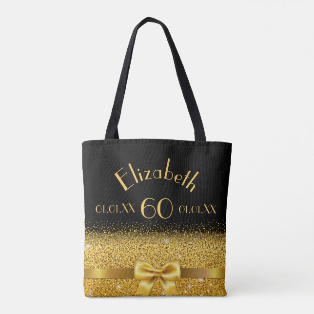 60th birthday black gold bow name tote bag (Back)