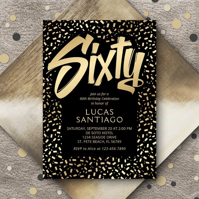 60th Birthday Black Gold Confetti Invitation (Creator Uploaded)