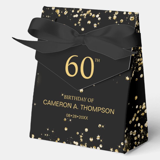 60th Birthday  Black & Gold Confetti Personalized Favour Box (Front)