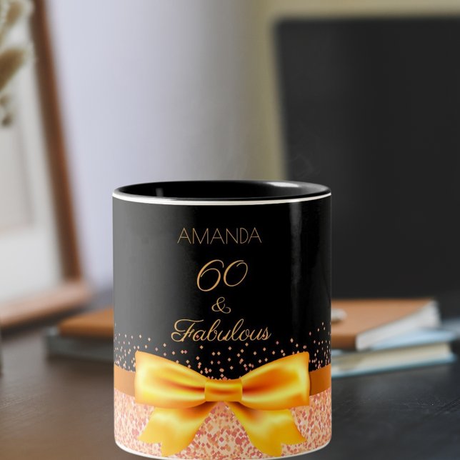 60th birthday black gold elegant bow name Two-Tone coffee mug (Creator Uploaded)