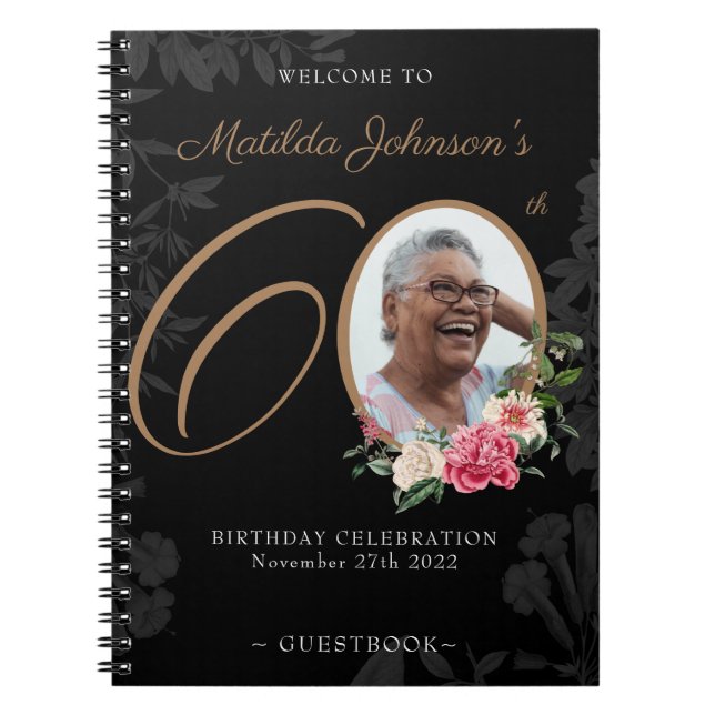 60th Birthday Black Gold Floral Photo Guestbook  Notebook (Front)