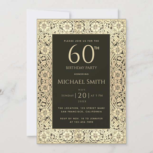 60th Birthday Black Gold Flowers Elegant Vintage Invitation (Front)