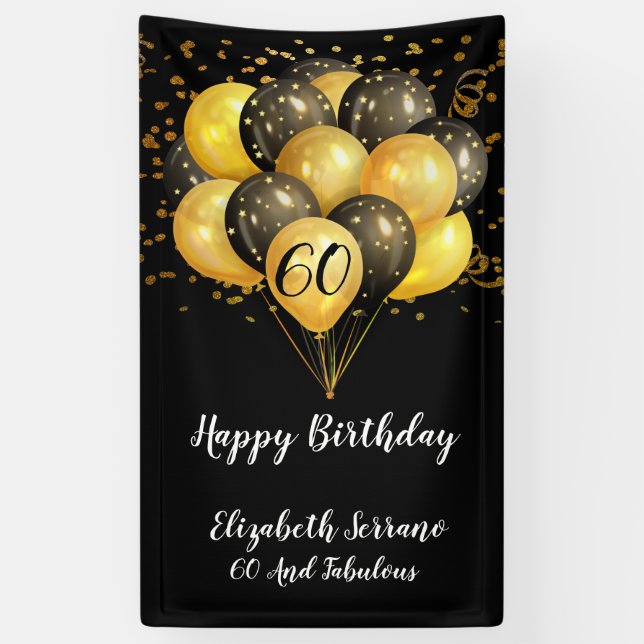 60th Birthday Black Gold Glitter  Banner (Vertical)