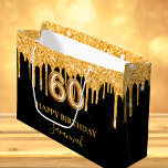 60th birthday black gold glitter drips name large gift bag<br><div class="desc">A chic black background. Decorated with faux gold glitter drips,  paint dripping look. Personalise and add a name.  With the text:  Happy Birthday.  The name is written with a mode hand lettered style script.   Number 60 is written with a balloon style font.</div>