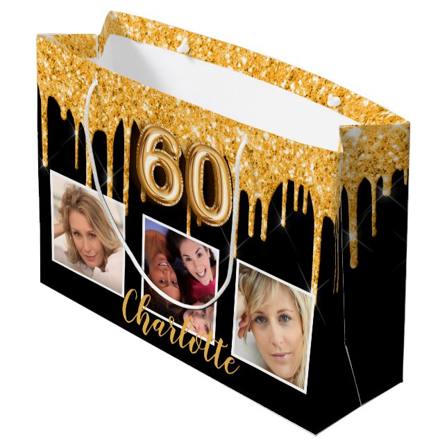 60th birthday black gold glitter drips photo large gift bag (Back Angled)