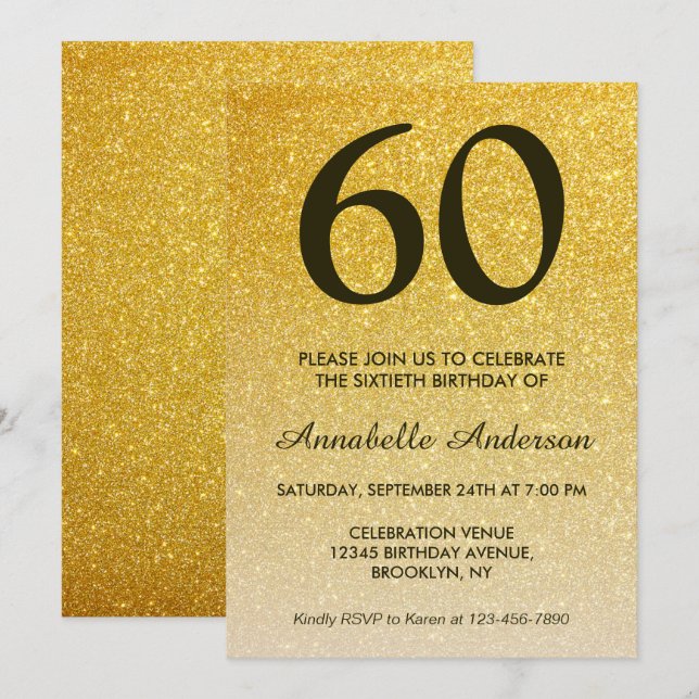 60th Birthday Black Gold Glitter Sparkle Ombre Invitation (Front/Back)