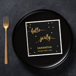 60th birthday black gold hello 60 name script napkin