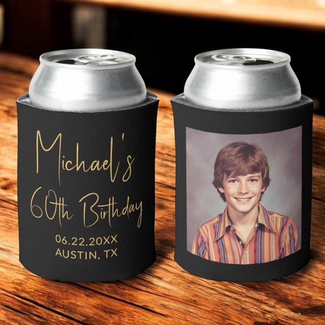 60th Birthday Black Gold Instagram Photo Can Cooler (Creator Uploaded)
