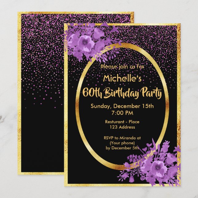 60th birthday black gold invitation (Front/Back)