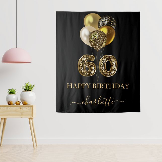 60th birthday black gold leopard name script tapestry (Creator Uploaded)