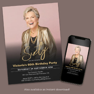 60th Birthday Black Gold Minimal Modern Photo Invitation