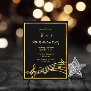 60th birthday black gold music notes invitation postcard