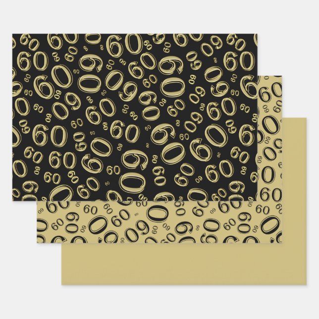 60th Birthday Black & Gold Number Pattern 60 Wrapping Paper Sheet (Set)