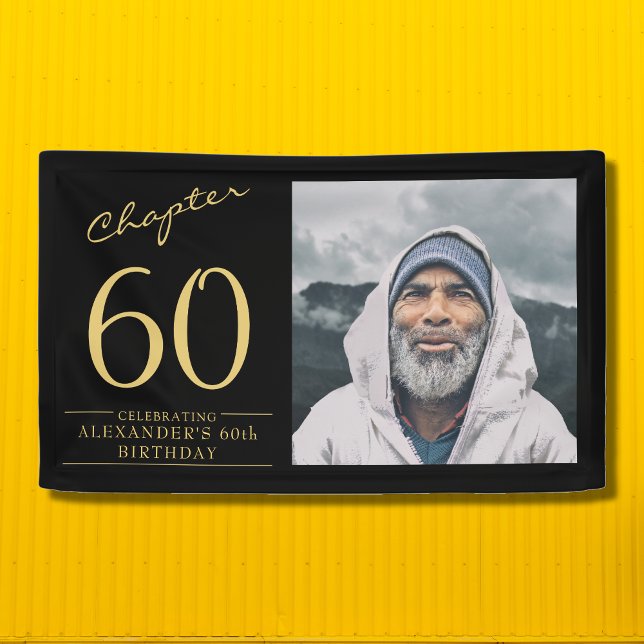 60th Birthday Black Gold Photo Banner (Personalized unique 60th birthday banner in black and gold with your favorite photo.)
